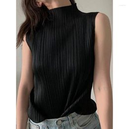 Women's T Shirts Miyake Pleated Elegant Fashion Temperament Solid Colour Half High Neck Sleeveless Vest 2024 Summer Breathable Top