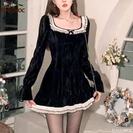 Casual Dresses Little Black Mini Winter 2024 Year Fashion French Design A Line Ruffles Bow Tie Women Evening Night Dress Vestidos