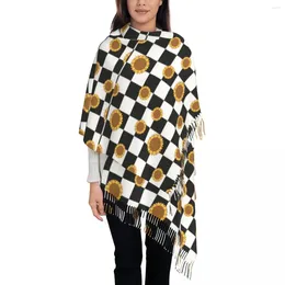 Scarves Sunflower Print Scarf With Long Tassel Black And White Chequered Warm Shawl Wraps Female Design Head Autumn Bandana