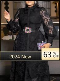Ethnic Clothing Women Dresses 2024 Big Size Elegant Retro A Line Dress Long Sleeve See Through Mesh Velvet Party Prom Outfits For Spring