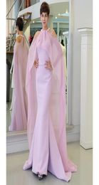 Pink Satin Formal Dresses Long Saudi Arabic Women Evening Gowns with Chiffon Wraps Two Pieces Dinner Evening Party Dresses Mermaid9977941