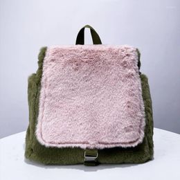 Shoulder Bags Korean Casual Faux Fur Backpacks For Womens Luxury Designer Handbags Purses 2024 In Polyester Contrast Color Lock