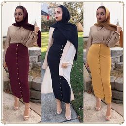 Skirts Winter autumn high waisted womens skiing Muslim buttons tight corset long half dress womens sexy pencil solid street clothing Q240507