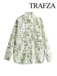 Women's Blouses TRAFZA Women Fashion Light Green Print Lapel Single-Breasted Pocket Decorate Causal Shirt Top Female Long Sleeve Vintage
