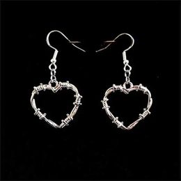 Dangle Chandelier Barbed Wire Effect Heart shaped Earrings with Metal Silver Hook Pendant Gothic Punk Expression as a Replacement for Vintage Unique Jewellery XW