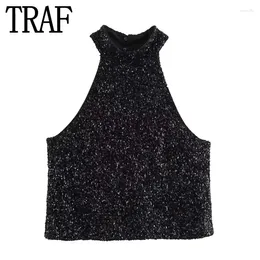 Women's Tanks 2024 Sequin Crop Top Female Black Halter Party For Woman Sleeveless Sexy Off Shoulder Tops Women Elegant Blouses