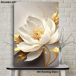 Abstract Golden Leaf White Blooming Flowers Canvas Painting, Poster Decorative Wall Art Picture Living Room Modern Bedroom Home Decor Unframed