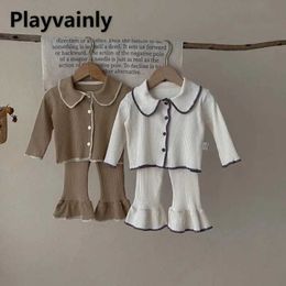 Clothing Sets Spring Autumn Baby Girl Fashion Set Beige Brown Turn-down Collar Single Breasted Knitted Top+Flared Pants Kids Clothes H240507
