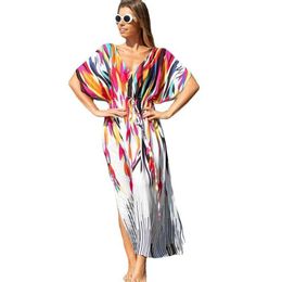 Women Beach Wear Midriff Drawstring Lace-up Bikini Cover-up Women Swt Style Rainbow Print Beach Cover Up Female Summer Sun Protection Coverall Y240504