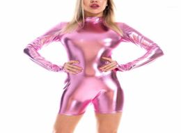 Shiny Holographic Women Playsuits Back Zipper Turtleneck Long Sleeve Wet Look Metallic Bodysuits Skinny Party Club Women039s Ju9342192