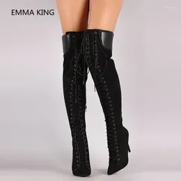 Boots 2024 Cross-Tied Women Over The Knee Long Black Flock Pointed Toe Stiletto High Heel Shoes Woman Thigh Knight Boot