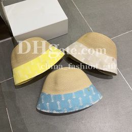 Designer Printed Bucket Cap Trend Color Patchwork Hat Women Vacation Sweet Hat Beach Sun Prevent Straw Hat Summer Sunshade Hat