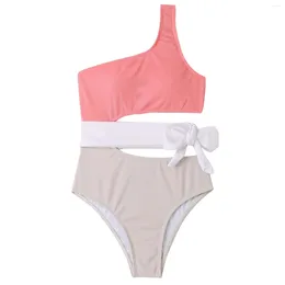 Women's Swimwear Sexy One Shoulder Color Matching Belt Swimsuit Bikini Dress