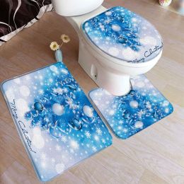 Mats Christmas Bath Mat Set Blue Fantasy Xmas Balls Pine Branches Snowflakes New Year Bathroom Decor Nonslip Toilet Lid Foot Rug