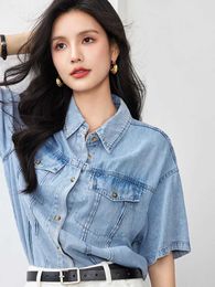 Women's T-Shirt Short sleeved denim shirt for womens 2024 summer new button up and down neckline casual simple topL2405