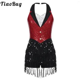 Stage Wear Womens Latin Jazz Fringed Leotard Bodysuits Dance Performance Costume Sparkly Sequins Tassel Tango Cha-Cha Samba Dress