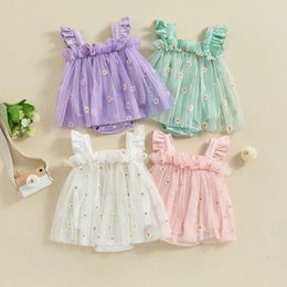 Rompers Baby Swimming Clothing Girl Mesh Dress Daisy Embroidery Square Neck Fly Sleeve Frill Trim Jumpsuit For Newborn Clothes H240507
