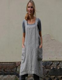 Cotton Linen Apron Garden Work Pinafore Dresses Women Square Collar Suspender Dress Overall Pocket Y53161896