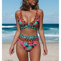 Women's Swimwear Lady Summer Swimwear Set Floral Plant Printing Leopard Point Splicing Tank Top Type High Waist Bikini 2022 Lady Push Up Swimsuit Y240506