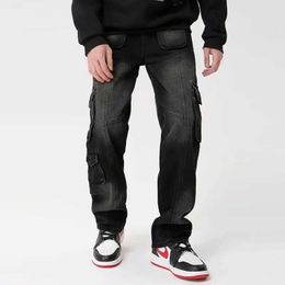 ans 2023 Y2K Streetwear Multiple Pockets Black Baggy Jeans Cargo Pants Men Clothing Straight Hip Hop Old Long Trousers Ropa Hombre J240507