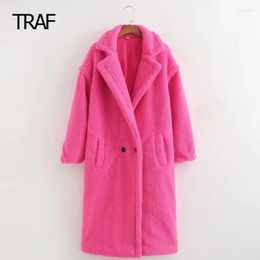 Women's Jackets Jacket Autumn Winter Pink Faux Wool Coat Lapel Collar Long Sleeve Top In Chic And Elegant Outwears