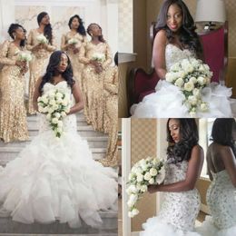 Beading Sweetheart Plus Dress Size Mor African Mermaid Tiered Skirts Bridal Gowns Sweep Train Garden Wedding Dresses es