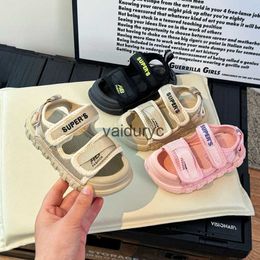 Sandals Summer Childrens Baotou for Girls Solid Colour Velcro Korean Edition Children Beach Shoes Baby Soft Soles H240507