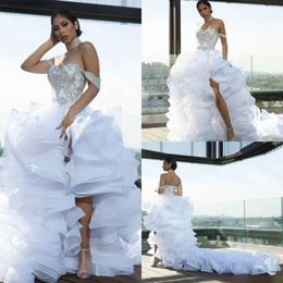 Slits High Shoulder Beaded Sexy Dresses Off Thigh Tiered Ruffles Organza Beach Wedding Dress Custom Made Bridal Gowns Cheap
