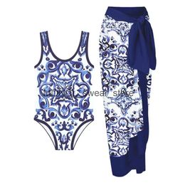 Women's Swimwear Women One Piece Swimsuit Skirt Blue Holiday Beachwear Vintage Female Retro Designer Bathing Suit Surf Wear Summer H240507