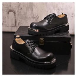 Casual Shoes Men's Luxury Fashion Stage Nightclub Dress Platform Lace-up Derby Shoe Black Stylish Original Leather Gentleman Footwear