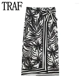 Skirts Black Print Pareo Long For Women 2024 Vintage Boho Wrap Skirt Woman Fashion Slit Summer Beach Tied Midi