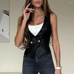 Women's Vests Slim Fit Waistcoat Solid Colour Party Top Stylish Faux Leather V Neck Vest With Button Closure