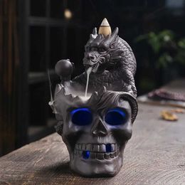 Fragrance Lamps 1pc LED Waterfall Dragon Incense Burner Skull Backflow Incense Burner Halloween Home Decor Home Aromatherapy (Without Incense) T240505