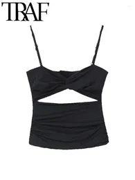 Women's Tanks GAL 2024 Summer Black Hollow Out Women Camis Low Collar Sleeveless Backless Slim Ruched High Stretch Female Crop Top Y2K