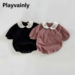 Rompers Spring Autumn Baby Girl Sweet Bodysuit Floral Embroidery Peter Pan Collar Pink Black Long Sleeve Jumpsuit Newborn Clothes H240507