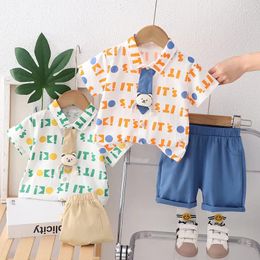 Clothing Sets Boys Clothes Summer 2024 Children Cotton Tie Shirts Shorts 2pcs Fashion Suit For Baby Tracksuits Kids Party Outfits Toddler