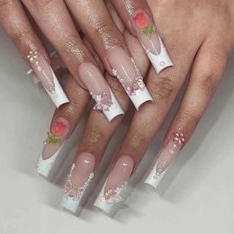 False Nails 24Pcs Long Ballet White Flower False Nails Gradient with Rhinestones French Design Wearable Fake Nails Press on Nail Tips T240507