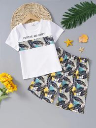 Clothing Sets 2pcs Boys Round Neck T-Shirts Patchwork Short Sleeve Tees Top &Elastic Waist Leaves Print Shorts Set Kids Summer Clothes