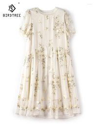 Party Dresses Birdtree Mulberry Silk Embroidered Elegant Dress 2024 Summer Autumn Puff Sleeve Middle Waist Show Thin Girl D3N219QC