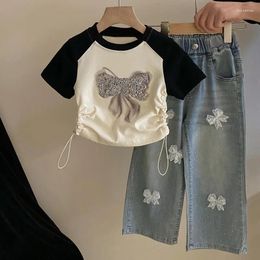 Clothing Sets Girls 2024 Color Block Top Letter Bright Diamond T-shirt Fashion Mesh Bow Jeans Clothes Wear