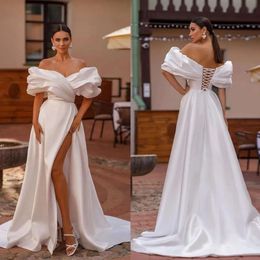For Elegant Bride Dress Satin Puffy Off The Shoulder A Line Wedding Dresses Bridal Gowns High Split Lace Up Back Country Robe Mariage es