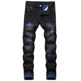 Men's Jeans 2021 Mens Teared Jeans Autumn Designer Ultra slim Fit Black Blue Denim Pants Mens Distressed Destroyed TrousersL2405