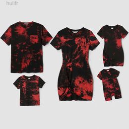 Family Matching Outfits Family Matching 100% Cotton Short-sleeve Tie Dye Twist Knot Bodycon Dresses and T-shirts Sets Suitable for Summer Season d240507