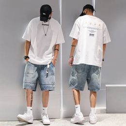 Fashion Casual Denim Shorts Mens Trend Ins Youth Pop Summer Wear Japanese Gothic Hip Hop Loose Cargo Five Quarter Pants 240422