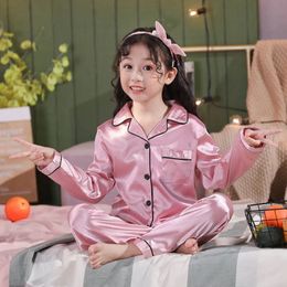 3 6 9 12 14 Years Satin Silk Pyjama Sets Sleepwear Pants Tops Sets for Teens Girls Baby Kids Pink Pyjamas Children Home Clothes 240506