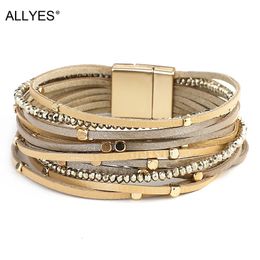 ALLYES Champagne Genuine Leather Bracelets for Women Boho Multilayer Metal Charm Resin Beads Wrap Fashion Jewellery 240423