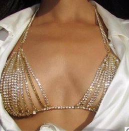 Pendant Necklaces Sexy Bra Necklace Rhinestone Chain Jewellery Hollow Out Crystal Gold Bikini Tassel over Chains Top Chest Belly4903574