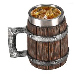 Mugs 2024 Viking Wood Style Beer Mug 3D Resin Stainless Steel Coffee Cup Wine Glass Metal Double Wall Jug Thermal