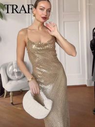 Casual Dresses 2024 Woman Slip Long Dress Backless Sexy Sling Luxury Evening Party Women Elegant Glitter Sequin Midi