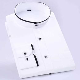 Men's Dress Shirts Mens Colour Matching Long Sle Mandarin Collar Shirt Patch Chest Pocket Regular-fit Dress Shirts For Business Activities d240507